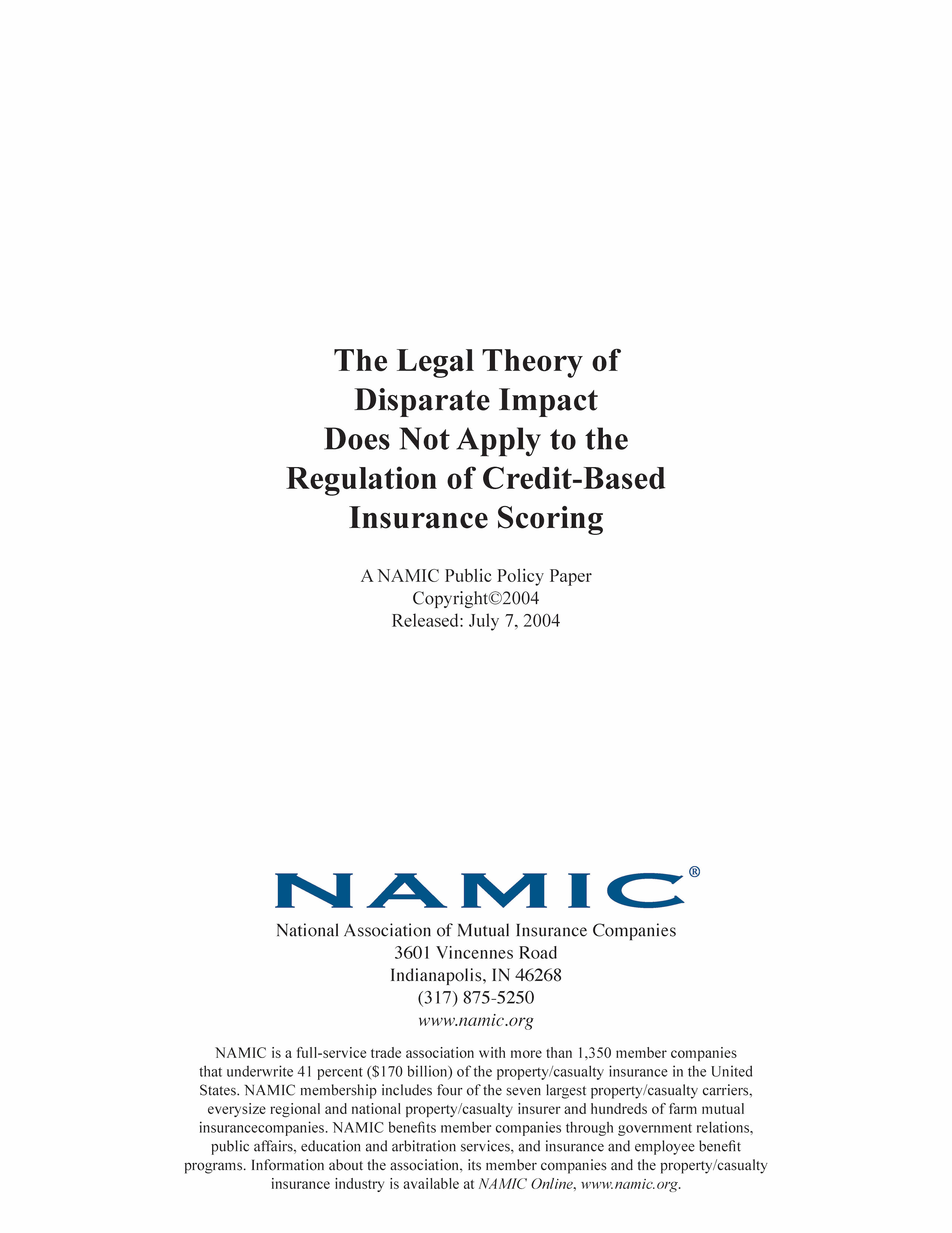 The Legal Theory of Disparate Impact Does Not Apply to the Regulation of Credit-Based Insurance Scoring PDF