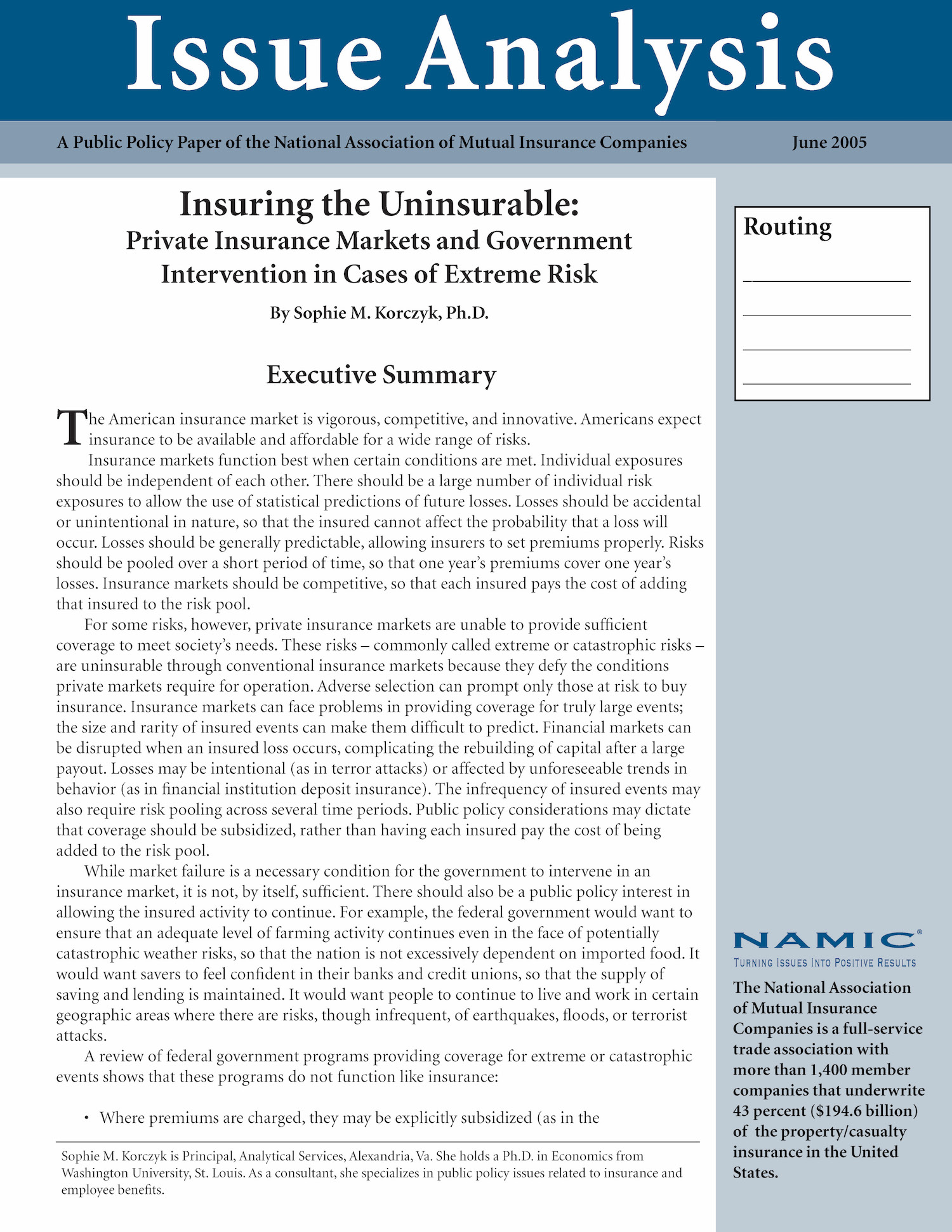 Insuring the Uninsurable: Private Insurance Markets and Government Intervention in Cases of Extreme Risk PDF