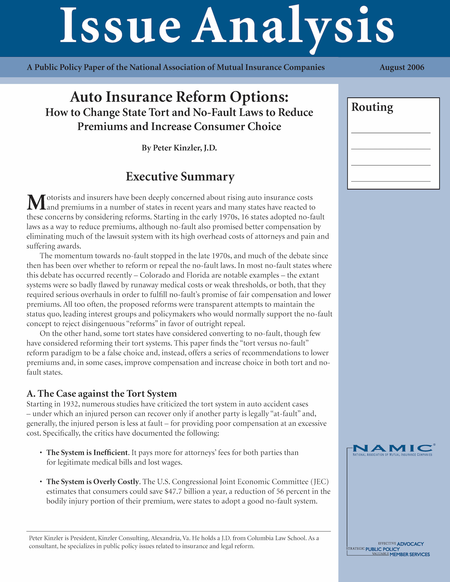 Auto Insurance Reform Options: How to Change State Tort and No-Fault Laws to Reduce Premiums and Increase Consumer Choice PDF